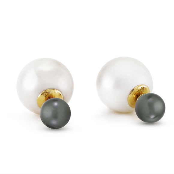 14K. GOLD BLACK/WHITE SHELL PEARLS STUD EARRININGS - Picture 2 of 3
